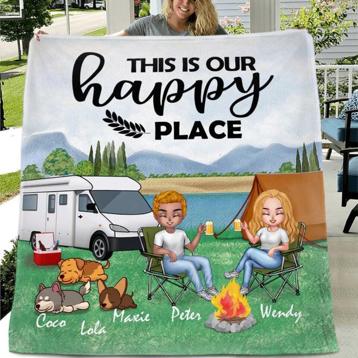 Custom Personalized Camping Couple With Dogs Pillow Cover & Quilt/ Fleece Blanket - Couple With Upto 3 Dogs - Gift Idea For Dog/ Camping Lover - This Is Our Happy Place