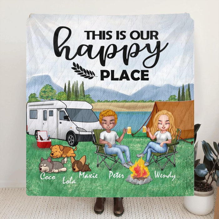 Custom Personalized Camping Couple With Dogs Pillow Cover & Quilt/ Fleece Blanket - Couple With Upto 3 Dogs - Gift Idea For Dog/ Camping Lover - This Is Our Happy Place