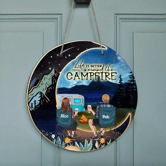 Custom Personalized Camping Moon Night Doorsign - Couple/ Parents With Upto 2 Kids And 2 Pets - Gift Idea For Camping Lover - Life Is Better Around The Campfire