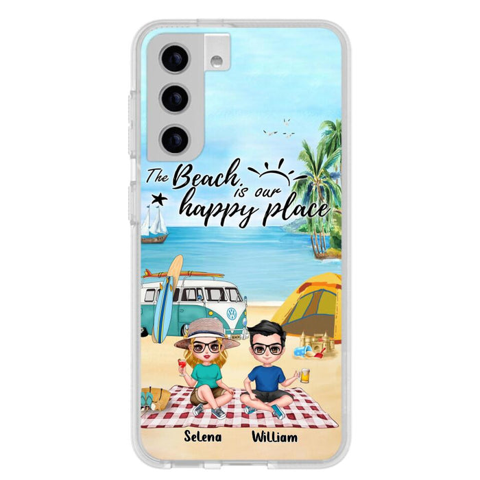 Custom Personalized Summer Beach Picnic Camping Phone Case - Upto 5 People - Gift Idea For Camping Couple/ Friends - The Beach Is Our Happy Place - Case For iPhone And Samsung