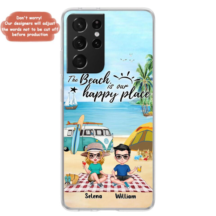 Custom Personalized Summer Beach Picnic Camping Phone Case - Upto 5 People - Gift Idea For Camping Couple/ Friends - The Beach Is Our Happy Place - Case For iPhone And Samsung