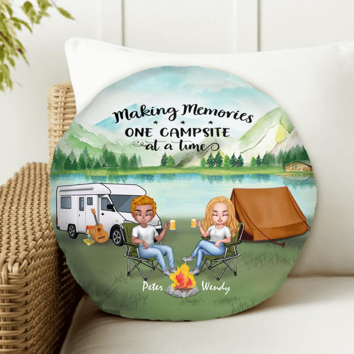 Custom Personalized Camping Couple Valentine's  Day Round Pillow - Couple With Upto 2 Dogs - Gift Idea For Camping Lover - Making Memories One Campsite At A Time