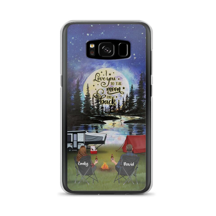 Custom Personalized Camping Moon Phone Case - Couple/ Parents With Upto 3 Kids And 4 Pets - Gift Idea For Camping Lover - I Love You To The Moon And Back - Case For iPhone And Samsung