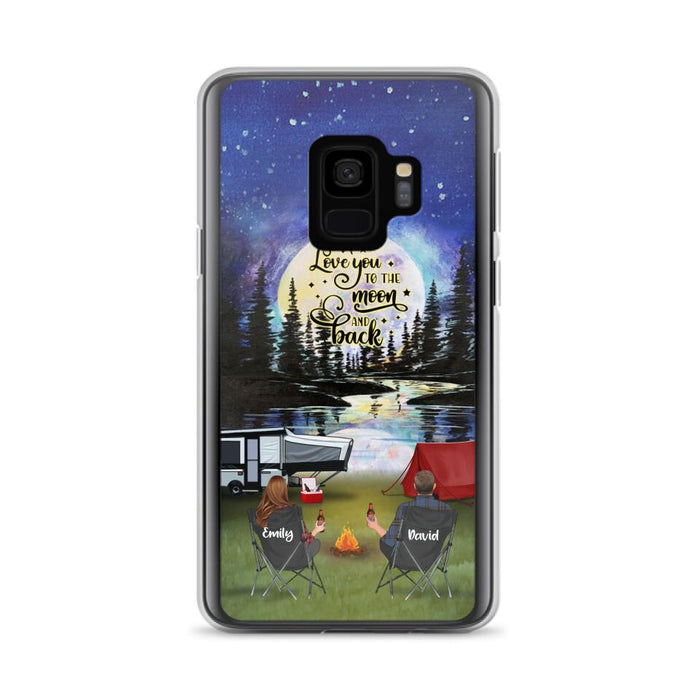 Custom Personalized Camping Moon Phone Case - Couple/ Parents With Upto 3 Kids And 4 Pets - Gift Idea For Camping Lover - I Love You To The Moon And Back - Case For iPhone And Samsung