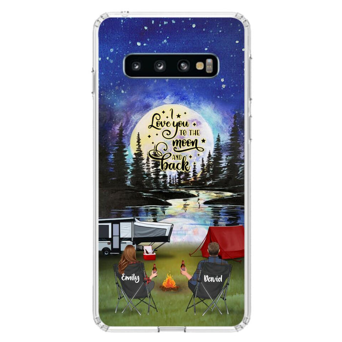 Custom Personalized Camping Moon Phone Case - Couple/ Parents With Upto 3 Kids And 4 Pets - Gift Idea For Camping Lover - I Love You To The Moon And Back - Case For iPhone And Samsung