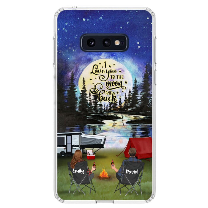 Custom Personalized Camping Moon Phone Case - Couple/ Parents With Upto 3 Kids And 4 Pets - Gift Idea For Camping Lover - I Love You To The Moon And Back - Case For iPhone And Samsung