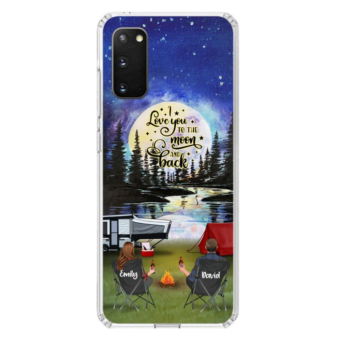 Custom Personalized Camping Moon Phone Case - Couple/ Parents With Upto 3 Kids And 4 Pets - Gift Idea For Camping Lover - I Love You To The Moon And Back - Case For iPhone And Samsung