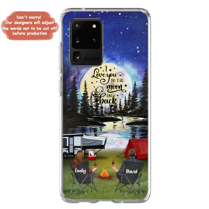 Custom Personalized Camping Moon Phone Case - Couple/ Parents With Upto 3 Kids And 4 Pets - Gift Idea For Camping Lover - I Love You To The Moon And Back - Case For iPhone And Samsung