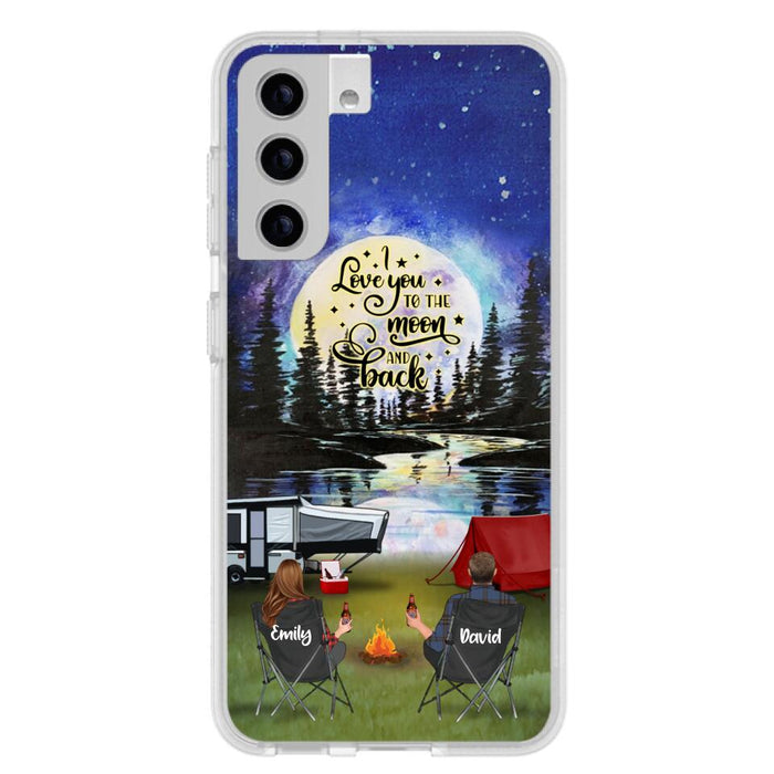 Custom Personalized Camping Moon Phone Case - Couple/ Parents With Upto 3 Kids And 4 Pets - Gift Idea For Camping Lover - I Love You To The Moon And Back - Case For iPhone And Samsung