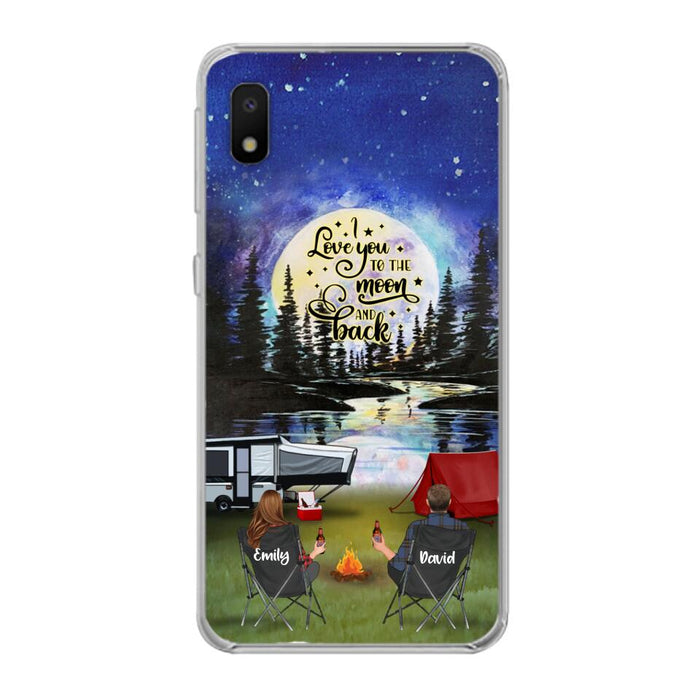 Custom Personalized Camping Moon Phone Case - Couple/ Parents With Upto 3 Kids And 4 Pets - Gift Idea For Camping Lover - I Love You To The Moon And Back - Case For iPhone And Samsung