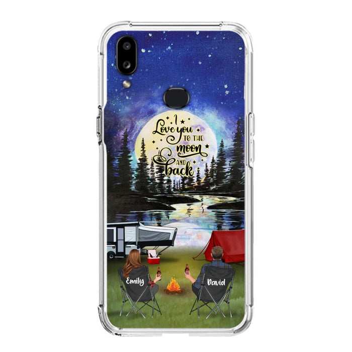 Custom Personalized Camping Moon Phone Case - Couple/ Parents With Upto 3 Kids And 4 Pets - Gift Idea For Camping Lover - I Love You To The Moon And Back - Case For iPhone And Samsung