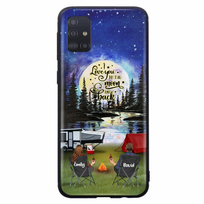 Custom Personalized Camping Moon Phone Case - Couple/ Parents With Upto 3 Kids And 4 Pets - Gift Idea For Camping Lover - I Love You To The Moon And Back - Case For iPhone And Samsung