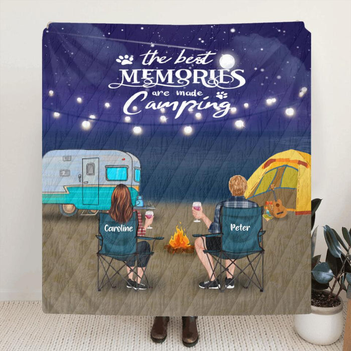 Custom Personalized Beach Night Camping Quilt/ Fleece Blanket - Couple/ Parents With Upto 3 Kids And 6 Pets - Gift Idea For Couple/ Family/ Camping Lover - The Best Memories Are Made Camping