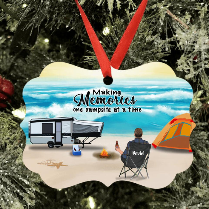 Custom Personalized Beach Camping Ornament -  Upto 6 Kids, 2 Pets - Best Gift For Camping Lover - Making Memories One Campsite At A Time