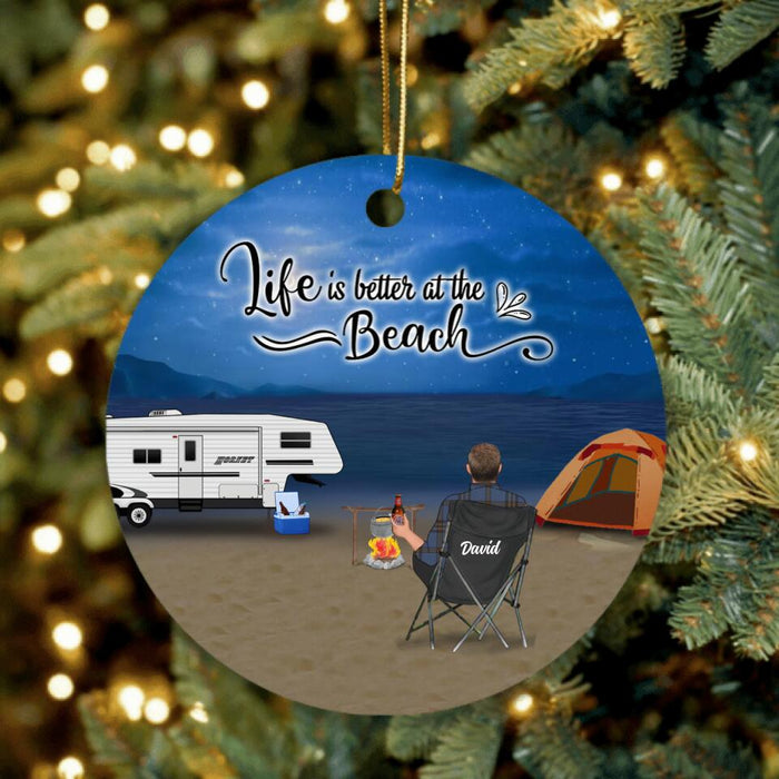 Custom Personalized Beach Camping Ornament - Best Gift For Camping Family/Couple/Single Parent/Solo - Upto 4 Kids and 6 Pets - Life Is Better At The Beach