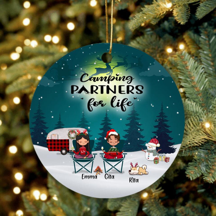 Custom Personalized Couple Camping Xmas Ornament - Couple With Upto 4 Pets - Best Gift For Dog/ Cat Lover - Merry Christmas