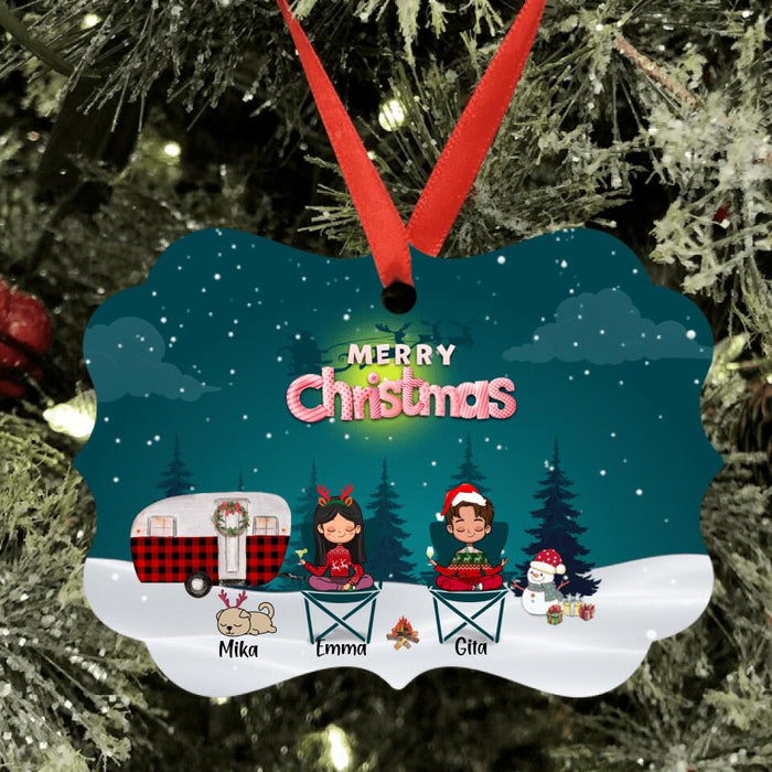 Custom Personalized Couple Camping Xmas Ornament - Couple With Upto 4 Pets - Best Gift For Dog/ Cat Lover - Merry Christmas