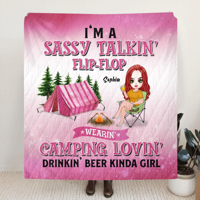 Custom Personalized Camping Girl Pillow Cover & Fleece/ Quilt Blanket - Gift Idea For Camping Lovers - I'm A Sassy Talkin' Flip - Flop Camping Lovin' Drinkin' Beer Kinda Girl