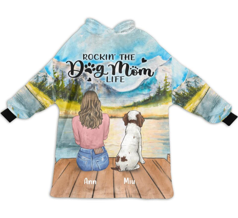 Custom Personalized Dog Mom Blanket Hoodie For Women - Mother's Day Gift up to 4 Dogs - Rockin' The Dog Mom Life