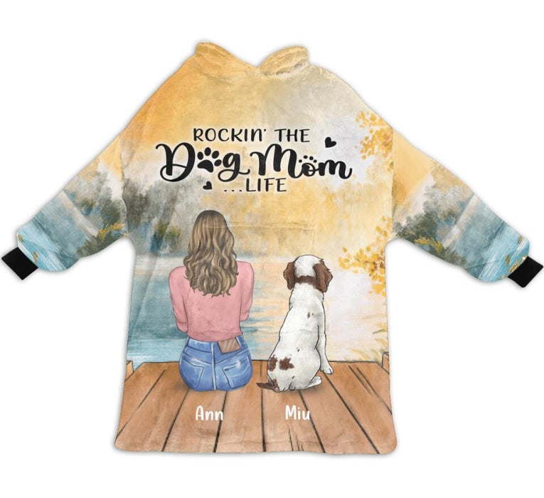 Custom Personalized Dog Mom Blanket Hoodie For Women - Mother's Day Gift up to 4 Dogs - Rockin' The Dog Mom Life