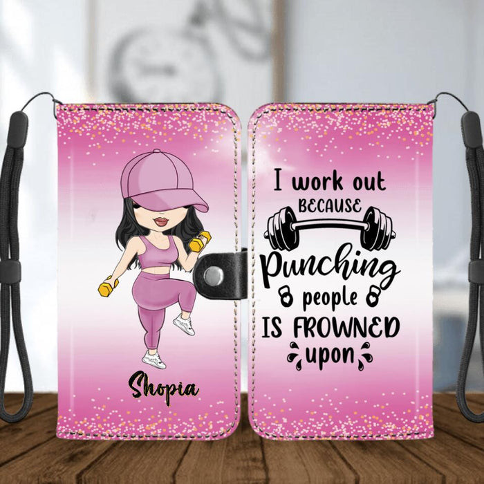 Personalized Gym Girl Chibi Flip Leather Purse For Mobile Phone - Gift Idea For Gym Lovers - I Worked Out Because Punching People Is Frowned Upon