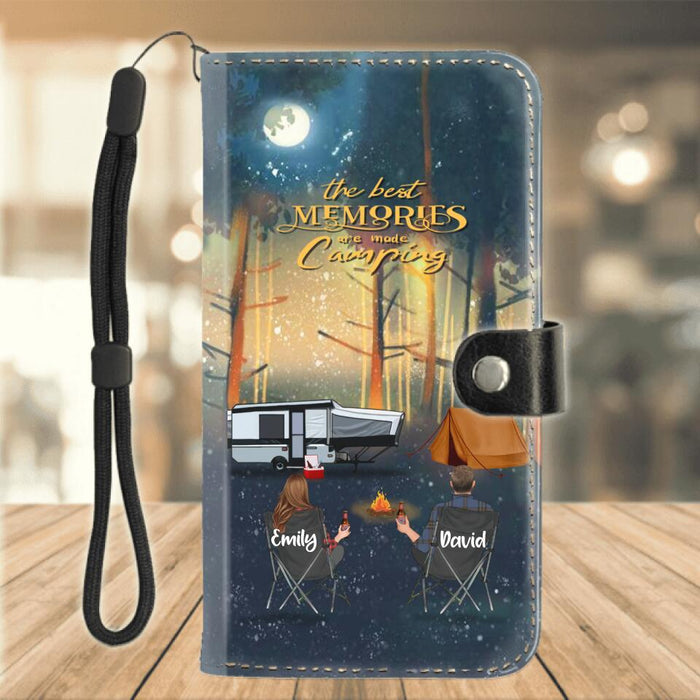 Custom Personalized Night Camping Flip Leather Purse For Mobile Phone - Couple/ Parents With Upto 3 Kids And 4 Pets - Best Gift For Camping Lover - The Best Memories Are Made Camping