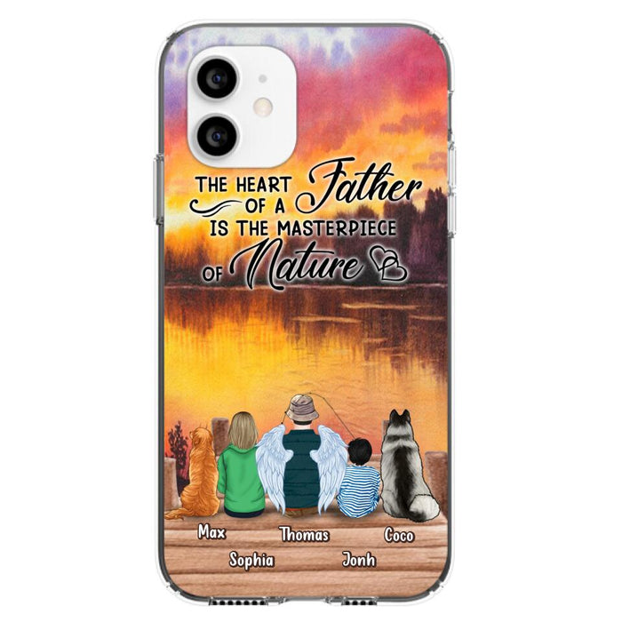 Custom Personalized Father Fishing Phone Case - Father With Up to 2 Kids And 2 Pets - Gift Idea For Father/ Fishing Lover - The Heart Of A Father Is The Masterpiece Of Nature - Case For iPhone And Samsung