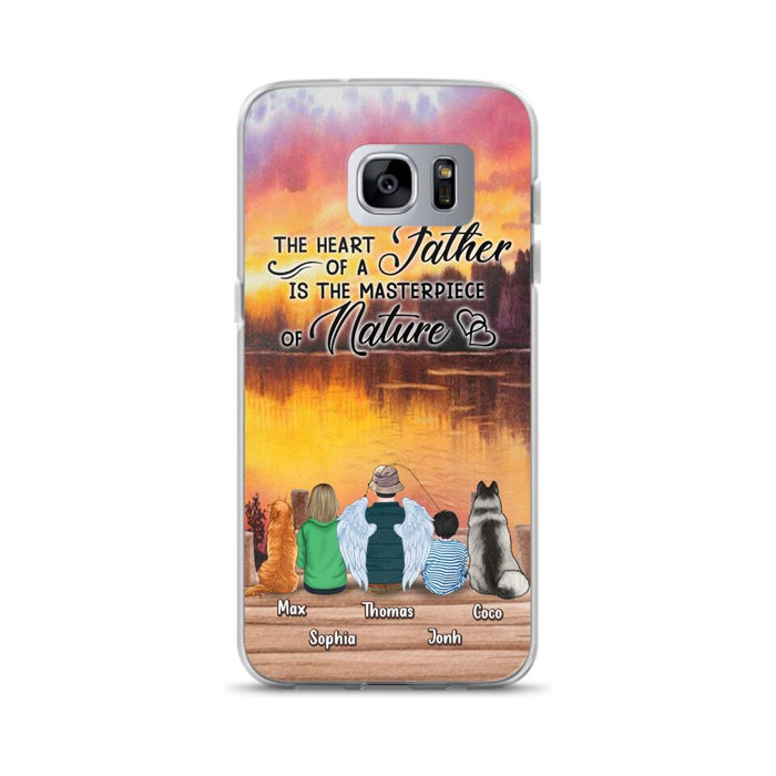 Custom Personalized Father Fishing Phone Case - Father With Up to 2 Kids And 2 Pets - Gift Idea For Father/ Fishing Lover - The Heart Of A Father Is The Masterpiece Of Nature - Case For iPhone And Samsung