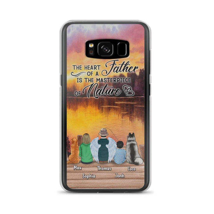 Custom Personalized Father Fishing Phone Case - Father With Up to 2 Kids And 2 Pets - Gift Idea For Father/ Fishing Lover - The Heart Of A Father Is The Masterpiece Of Nature - Case For iPhone And Samsung