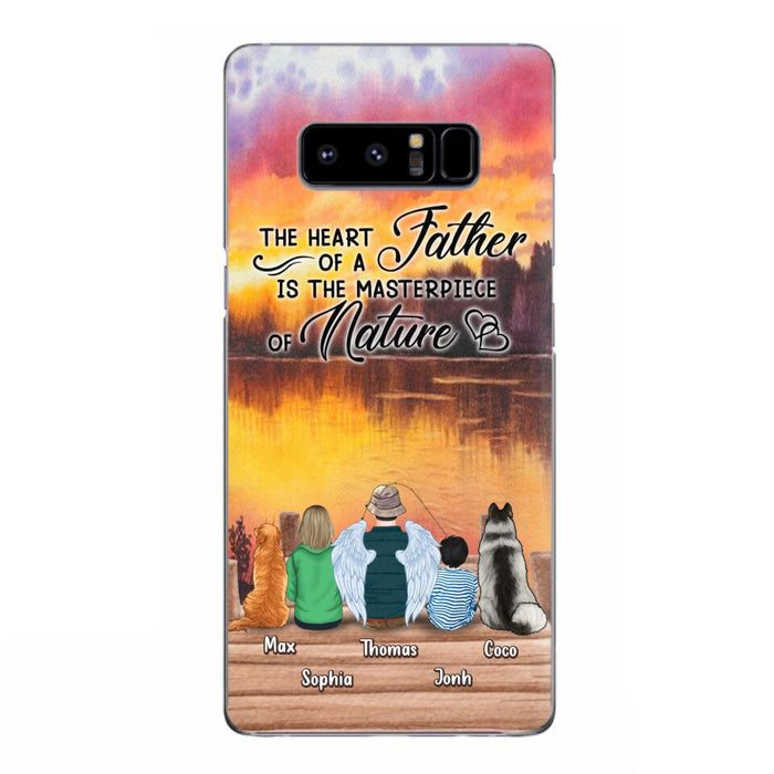 Custom Personalized Father Fishing Phone Case - Father With Up to 2 Kids And 2 Pets - Gift Idea For Father/ Fishing Lover - The Heart Of A Father Is The Masterpiece Of Nature - Case For iPhone And Samsung