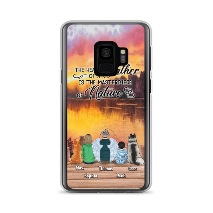 Custom Personalized Father Fishing Phone Case - Father With Up to 2 Kids And 2 Pets - Gift Idea For Father/ Fishing Lover - The Heart Of A Father Is The Masterpiece Of Nature - Case For iPhone And Samsung