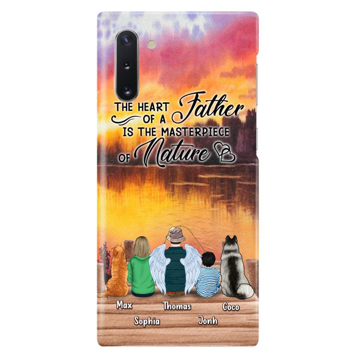 Custom Personalized Father Fishing Phone Case - Father With Up to 2 Kids And 2 Pets - Gift Idea For Father/ Fishing Lover - The Heart Of A Father Is The Masterpiece Of Nature - Case For iPhone And Samsung