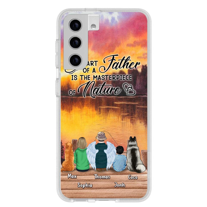 Custom Personalized Father Fishing Phone Case - Father With Up to 2 Kids And 2 Pets - Gift Idea For Father/ Fishing Lover - The Heart Of A Father Is The Masterpiece Of Nature - Case For iPhone And Samsung