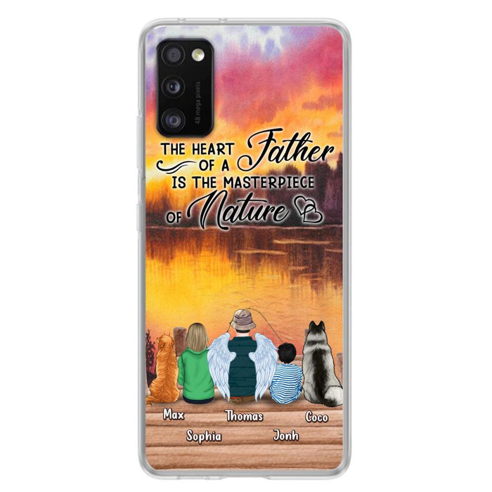 Custom Personalized Father Fishing Phone Case - Father With Up to 2 Kids And 2 Pets - Gift Idea For Father/ Fishing Lover - The Heart Of A Father Is The Masterpiece Of Nature - Case For iPhone And Samsung