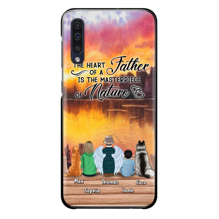 Custom Personalized Father Fishing Phone Case - Father With Up to 2 Kids And 2 Pets - Gift Idea For Father/ Fishing Lover - The Heart Of A Father Is The Masterpiece Of Nature - Case For iPhone And Samsung