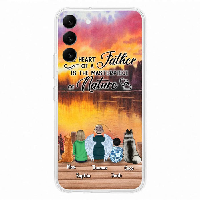 Custom Personalized Father Fishing Phone Case - Father With Up to 2 Kids And 2 Pets - Gift Idea For Father/ Fishing Lover - The Heart Of A Father Is The Masterpiece Of Nature - Case For iPhone And Samsung