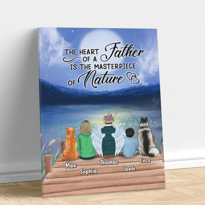 Custom Personalized Father Fishing Canvas - Father With Up to 2 Kids And 2 Pets - Gift Idea For Father/ Fishing Lover - The Heart Of A Father Is The Masterpiece Of Nature