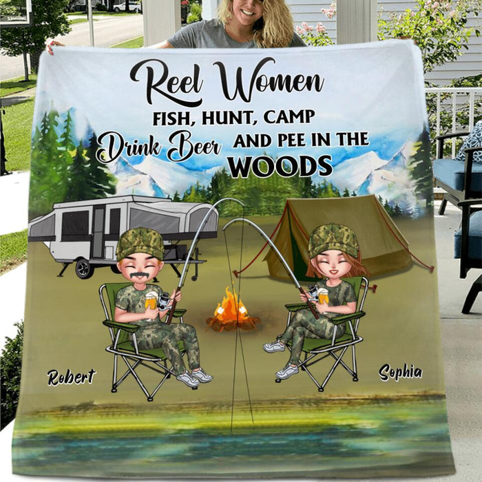 Custom Personalized Fishing Pillow Cover & Fleece/ Quilt Blanket - Best Gift For Fishing Lovers - Reel Women Fish, Hunt, Camp, Drink Beer And Pee In The Woods