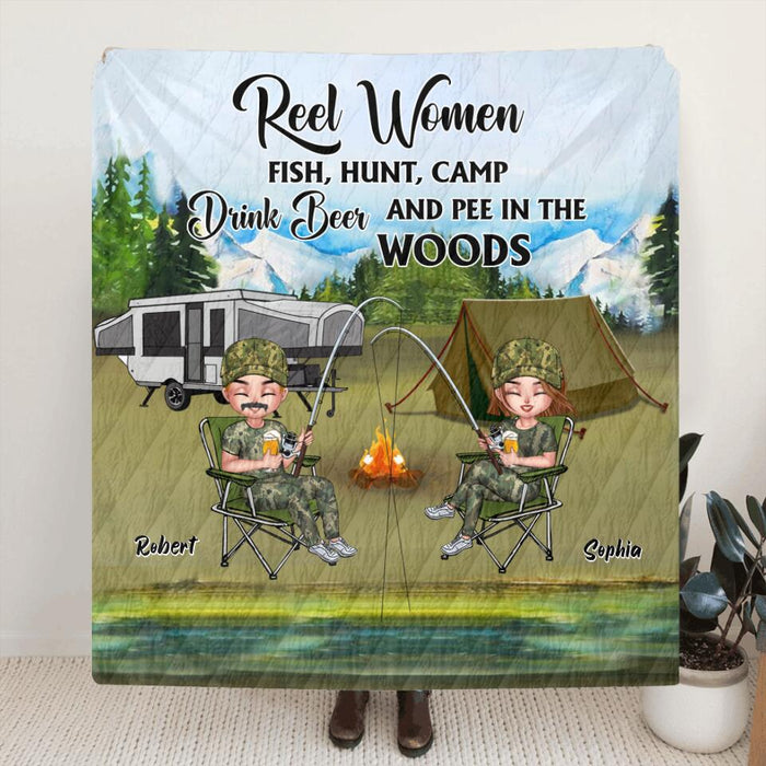 Custom Personalized Fishing Pillow Cover & Fleece/ Quilt Blanket - Best Gift For Fishing Lovers - Reel Women Fish, Hunt, Camp, Drink Beer And Pee In The Woods