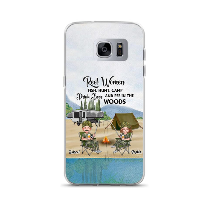 Custom Personalized Fishing Phone Case - Best Gift For Fishing Lovers - Reel Women Fish, Hunt, Camp, Drink Beer And Pee In The Woods - Case For iPhone And Samsung