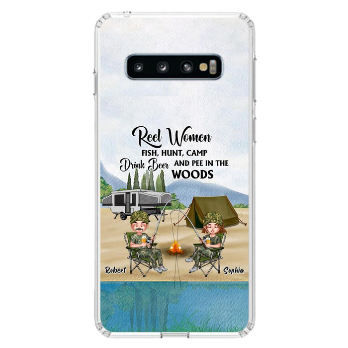 Custom Personalized Fishing Phone Case - Best Gift For Fishing Lovers - Reel Women Fish, Hunt, Camp, Drink Beer And Pee In The Woods - Case For iPhone And Samsung