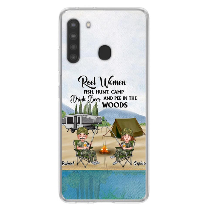 Custom Personalized Fishing Phone Case - Best Gift For Fishing Lovers - Reel Women Fish, Hunt, Camp, Drink Beer And Pee In The Woods - Case For iPhone And Samsung