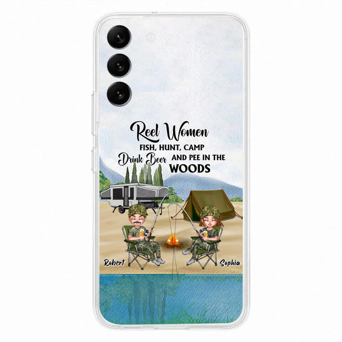 Custom Personalized Fishing Phone Case - Best Gift For Fishing Lovers - Reel Women Fish, Hunt, Camp, Drink Beer And Pee In The Woods - Case For iPhone And Samsung