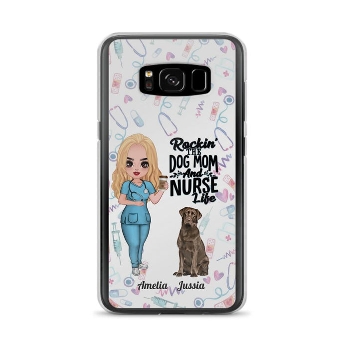 Custom Personalized Nurse Dog Mom Phone Case - Upto 5 Dogs - Gift Idea For Dog Lover - Rockin' The Dog Mom And Nurse Life - Case For iPhone And Samsung