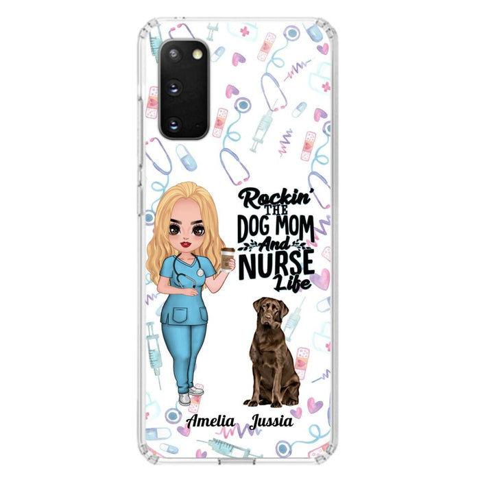 Custom Personalized Nurse Dog Mom Phone Case - Upto 5 Dogs - Gift Idea For Dog Lover - Rockin' The Dog Mom And Nurse Life - Case For iPhone And Samsung