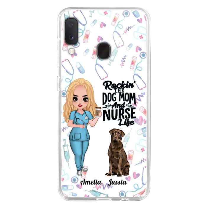 Custom Personalized Nurse Dog Mom Phone Case - Upto 5 Dogs - Gift Idea For Dog Lover - Rockin' The Dog Mom And Nurse Life - Case For iPhone And Samsung