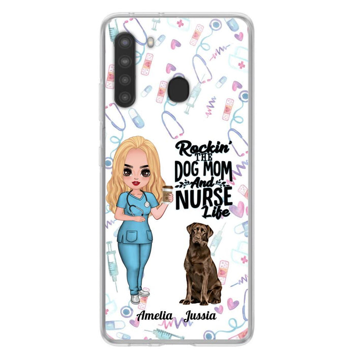 Custom Personalized Nurse Dog Mom Phone Case - Upto 5 Dogs - Gift Idea For Dog Lover - Rockin' The Dog Mom And Nurse Life - Case For iPhone And Samsung