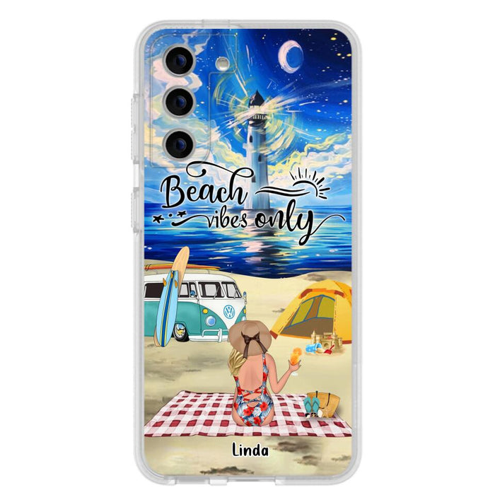 Custom Personalized Camping Beach Phone Case - Upto 4 People - Best Gift For Camping/Couple Lover - The Beach Is Our Happy Place - Case For iPhone And Samsung