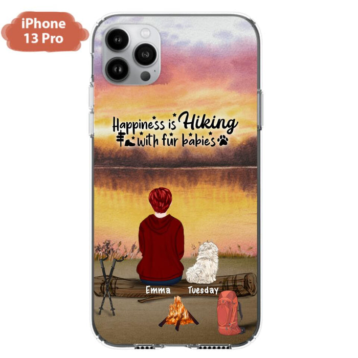 Custom Personalized Hiking Phone Case - Man/ Woman/ Couple With Upto 4 Pets - Gift For Cat/ Dog Lover - Happiness Is Hiking With Fur Babies - Case For iPhone And Samsung