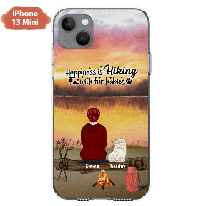 Custom Personalized Hiking Phone Case - Man/ Woman/ Couple With Upto 4 Pets - Gift For Cat/ Dog Lover - Happiness Is Hiking With Fur Babies - Case For iPhone And Samsung